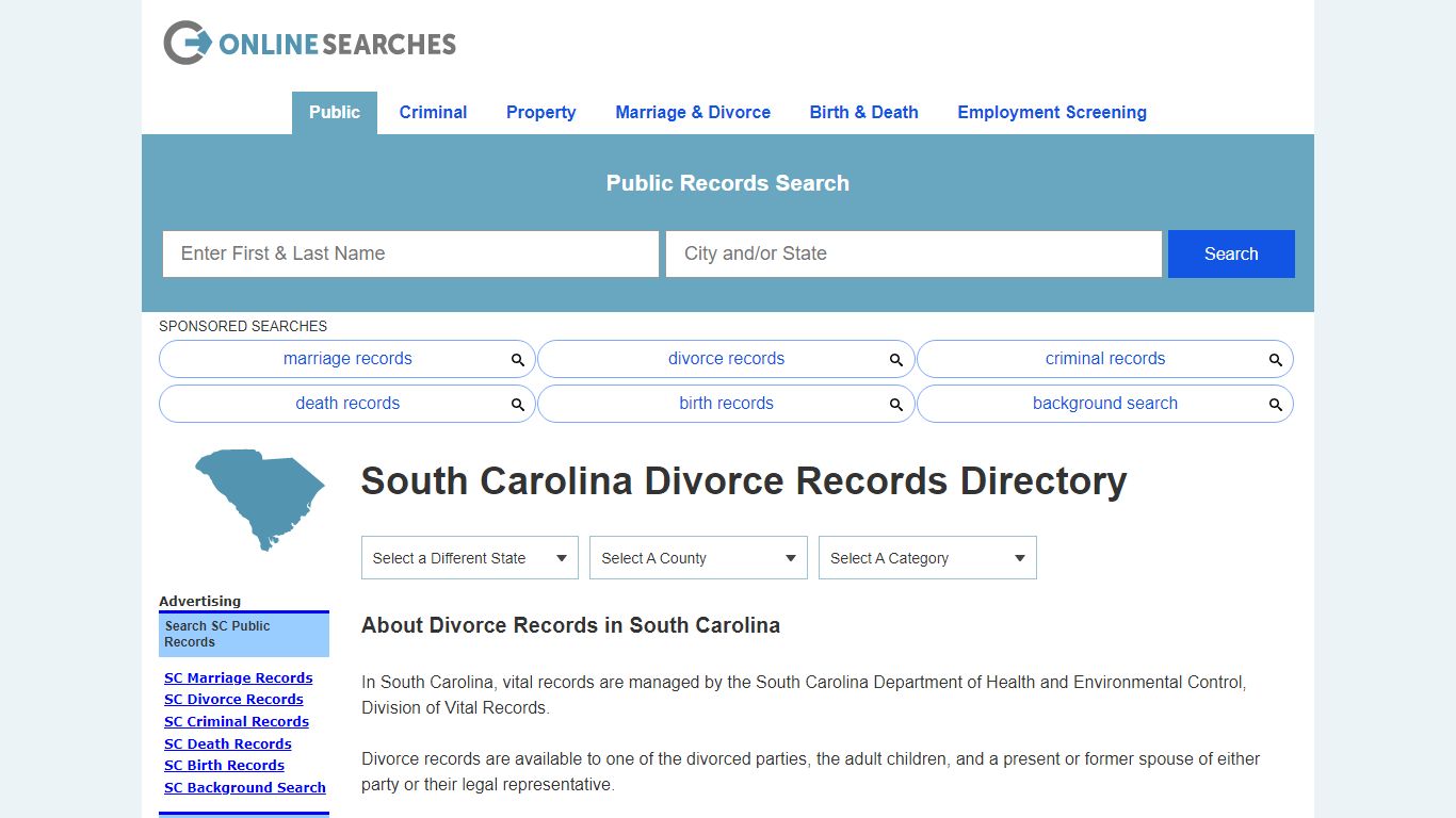 South Carolina Divorce Records Search Directory - OnlineSearches.com